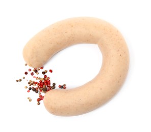 Delicious liverwurst with spices on white background, top view