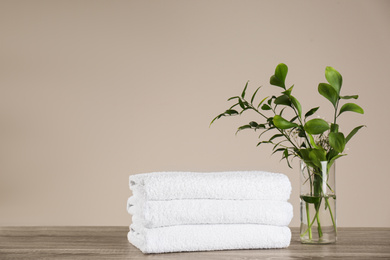 Photo of Clean bath towels and vase with green plants on wooden table