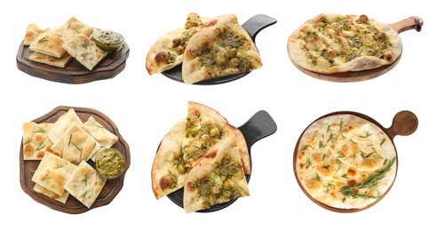 Image of Set with different traditional Italian focaccia on white background. Banner design 