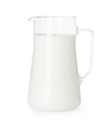 Photo of Glass jug with fresh milk isolated on white