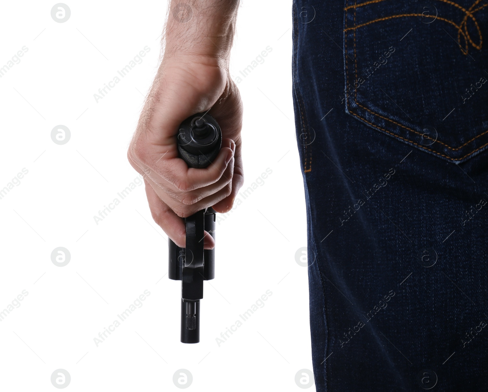 Photo of Man holding gun on white background, closeup