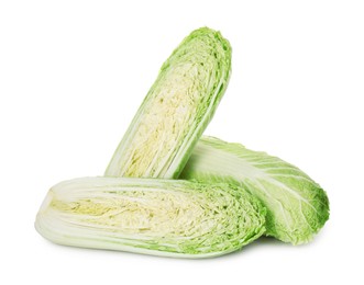 Photo of Whole and halves of Chinese cabbages isolated on white