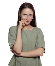 Photo of Embarrassed young woman in shirt on white background