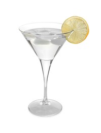 Photo of Martini glass of refreshing cocktail with lemon and ice cubes isolated on white