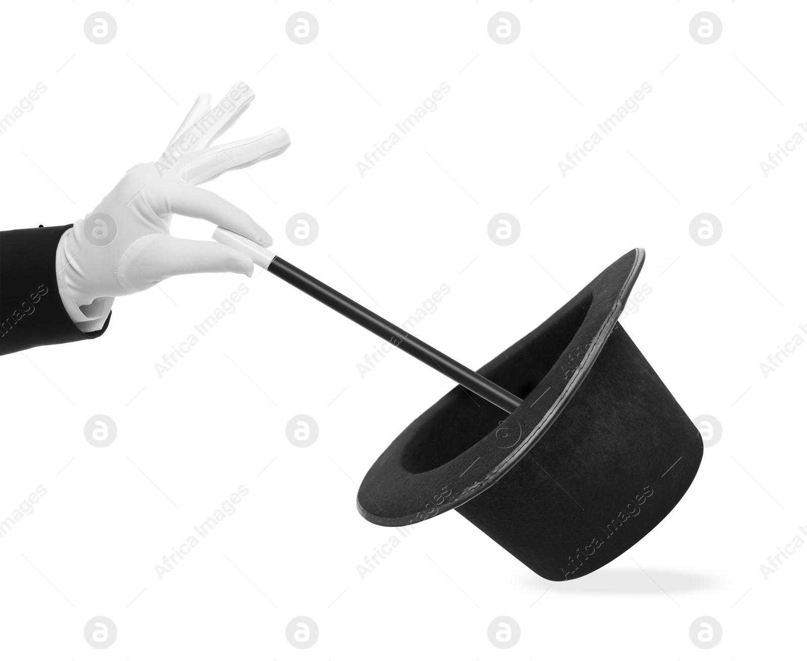 Image of Magician showing trick with wand and top hat on white background, closeup