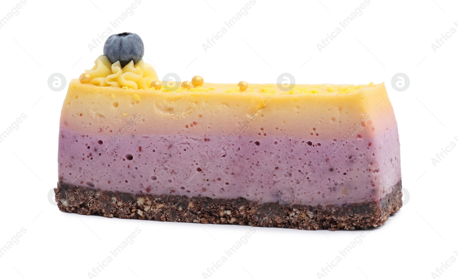 Photo of Piece of delicious cheesecake with lemon and blueberry isolated on white