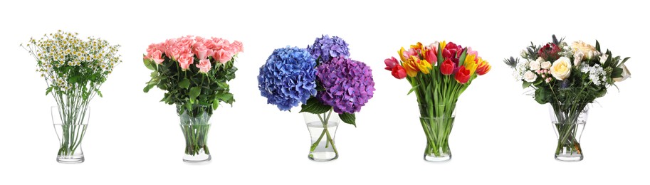 Collage of stylish vase with different bouquets on white background