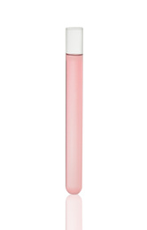Photo of Test tube with red liquid isolated on white