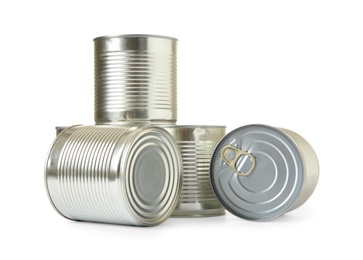 Closed tin cans isolated on white, mockup for design