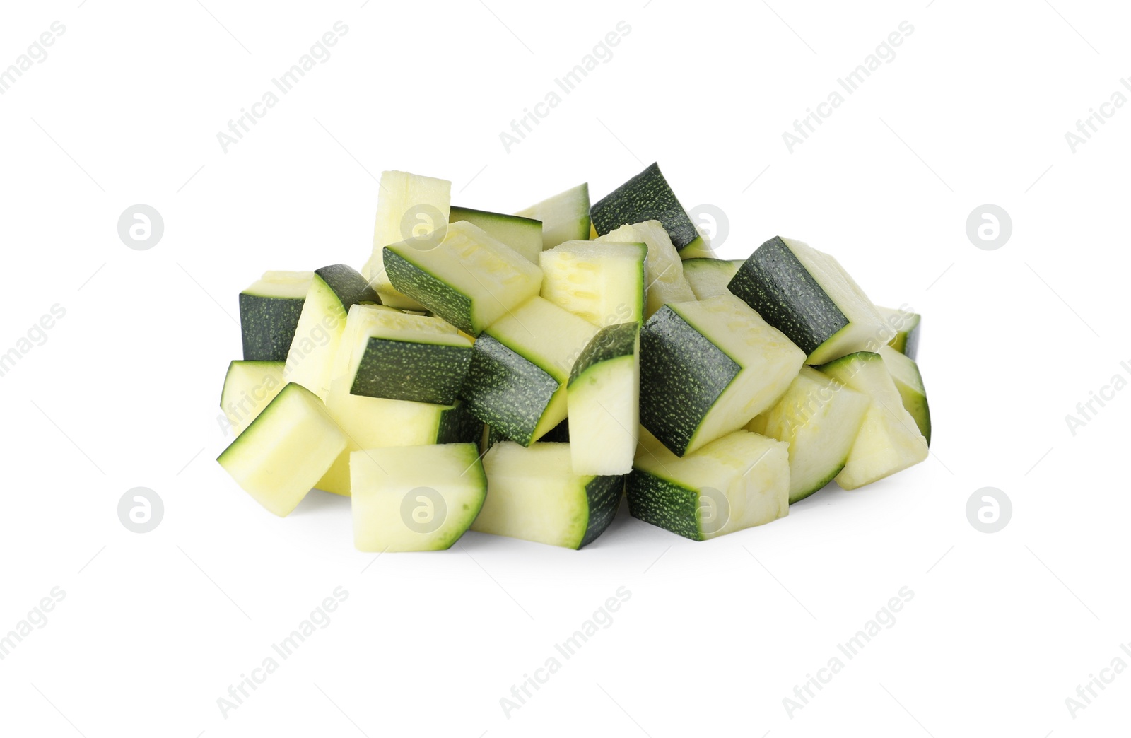 Photo of Pieces of ripe zucchini on white background