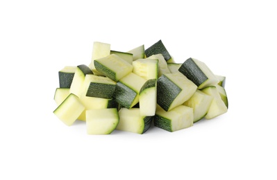 Pieces of ripe zucchini on white background