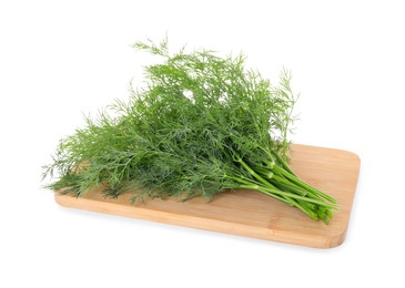 Photo of Wooden board with sprigs of fresh dill isolated on white