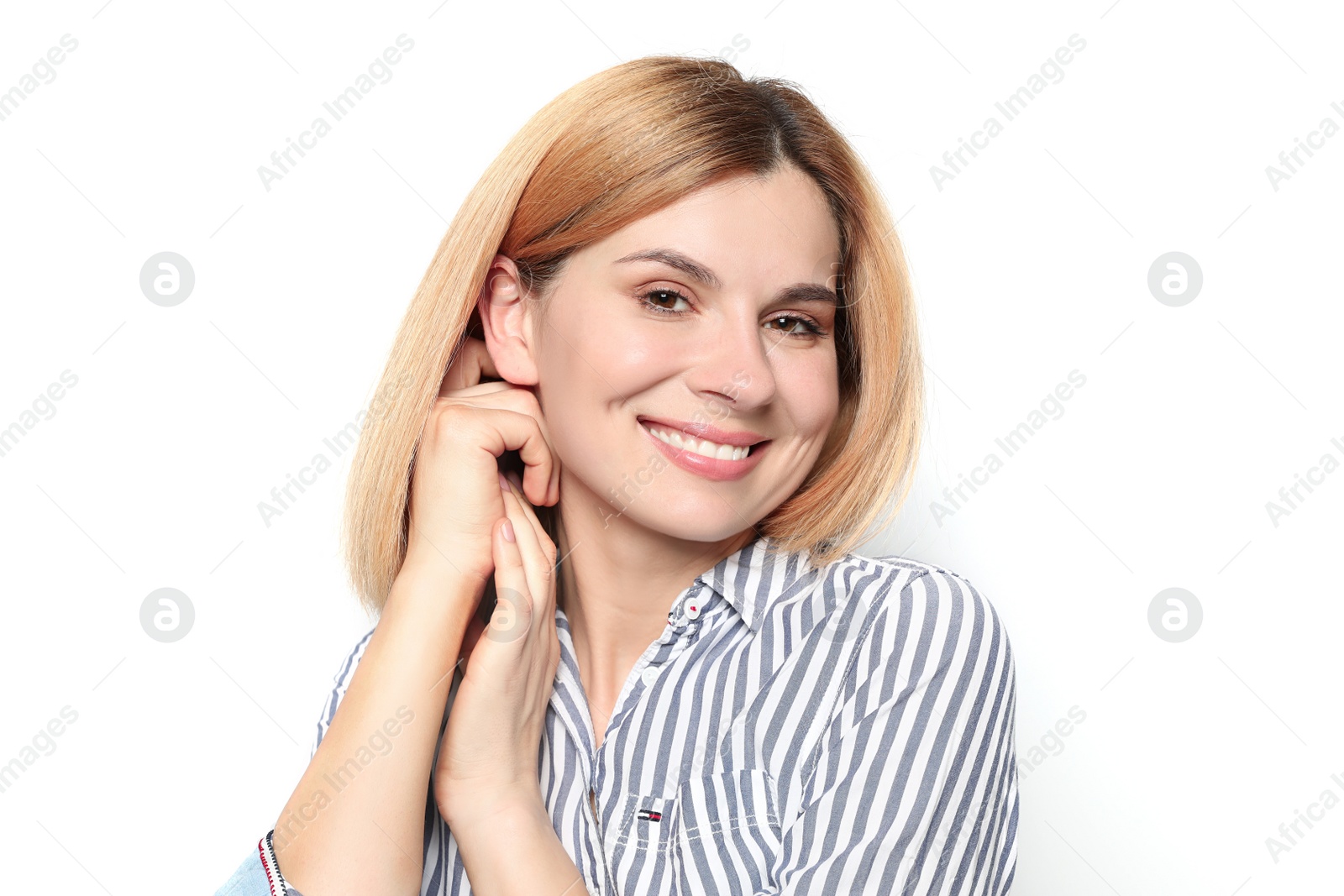Photo of Portrait of woman with beautiful face on white background