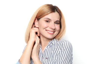 Photo of Portrait of woman with beautiful face on white background