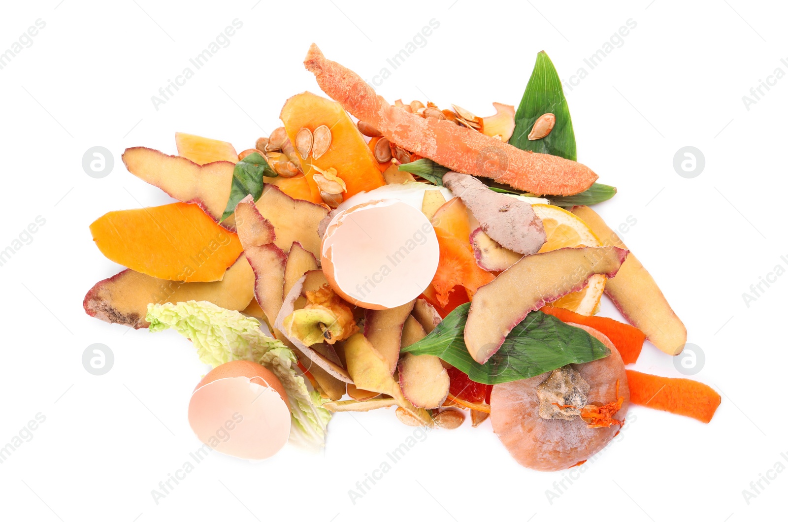 Photo of Pile of organic waste for composting on white background, top view