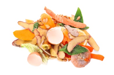 Photo of Pile of organic waste for composting on white background, top view