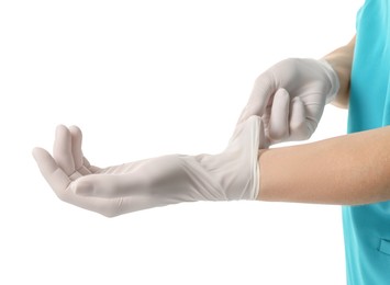 Photo of Doctor wearing medical gloves on white background, closeup