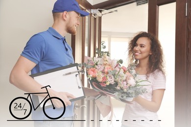 Image of 24/7 service. Woman receiving flower bouquet from delivery man at door. Illustration of bicycle