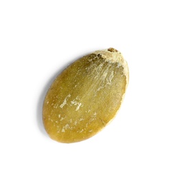 Photo of Raw shelled pumpkin seed on white background, top view