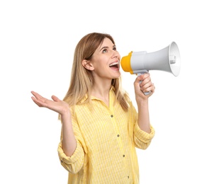 Photo of Young woman shouting into megaphone on white background