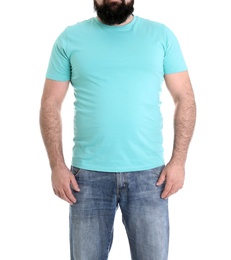 Photo of Overweight man isolated on white, closeup. Weight loss