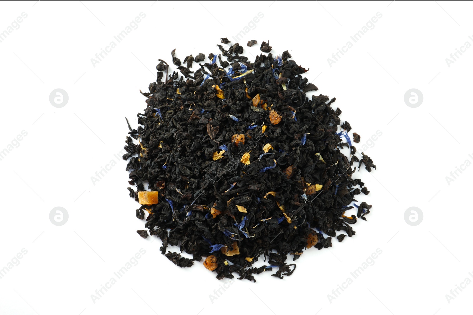 Photo of Pile of dried herbal tea leaves on white background, top view