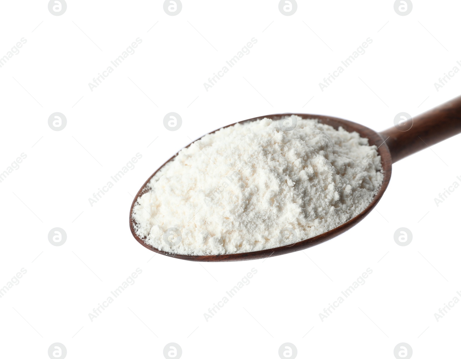 Photo of Spoon of wheat flour isolated on white