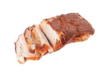 Photo of Pieces of tasty baked pork belly isolated on white