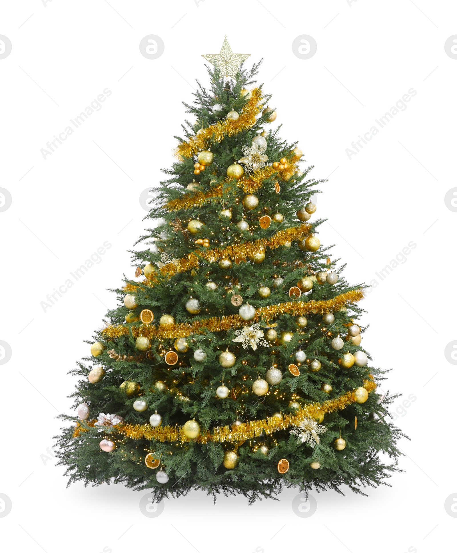 Photo of Beautiful Christmas tree decorated with ornaments isolated on white