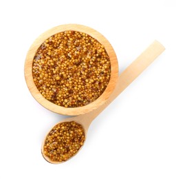 Photo of Bowl and spoon with whole grain mustard on white background