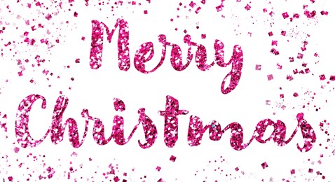 Glittery deep pink text Merry Christmas on white background
