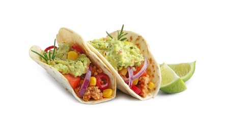 Photo of Delicious tacos with guacamole, vegetables and slices of lime isolated on white