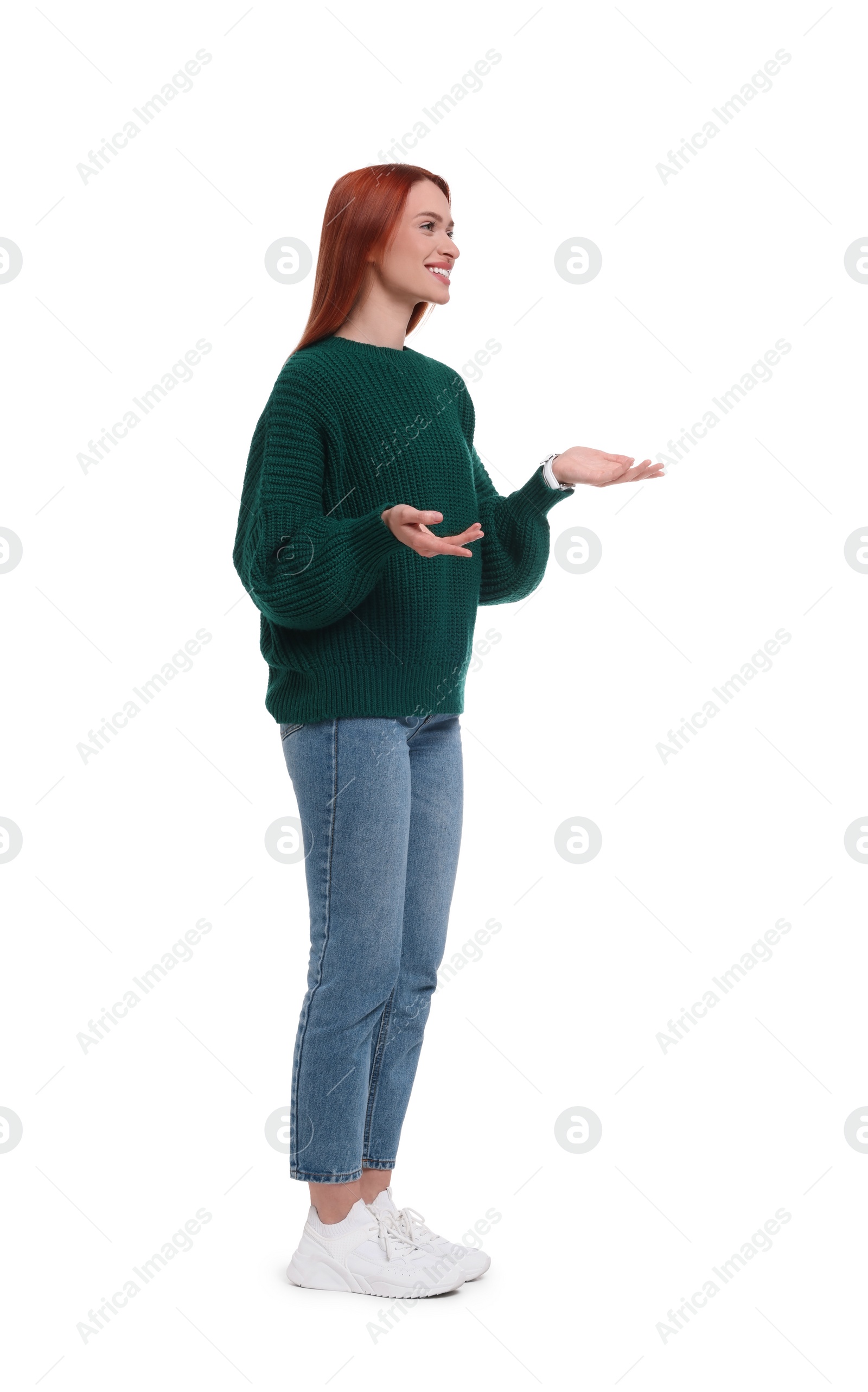 Photo of Portrait of happy woman on white background