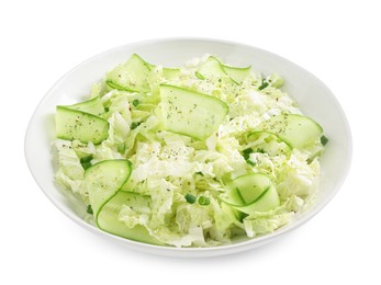 Photo of Tasty salad with Chinese cabbage, cucumber and green onion in bowl isolated on white