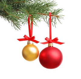 Photo of Christmas balls hanging on fir tree branch against white background