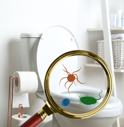Image of Magnifying glass and illustration of microbes on toilet bowl in bathroom