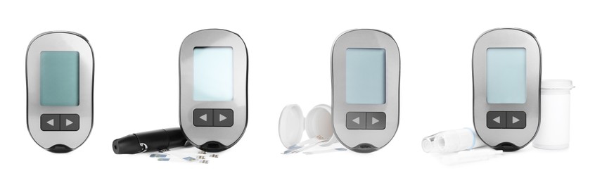 Image of Set with digital glucometers, lancet pens and test strips on white background, banner design. Diabetes control