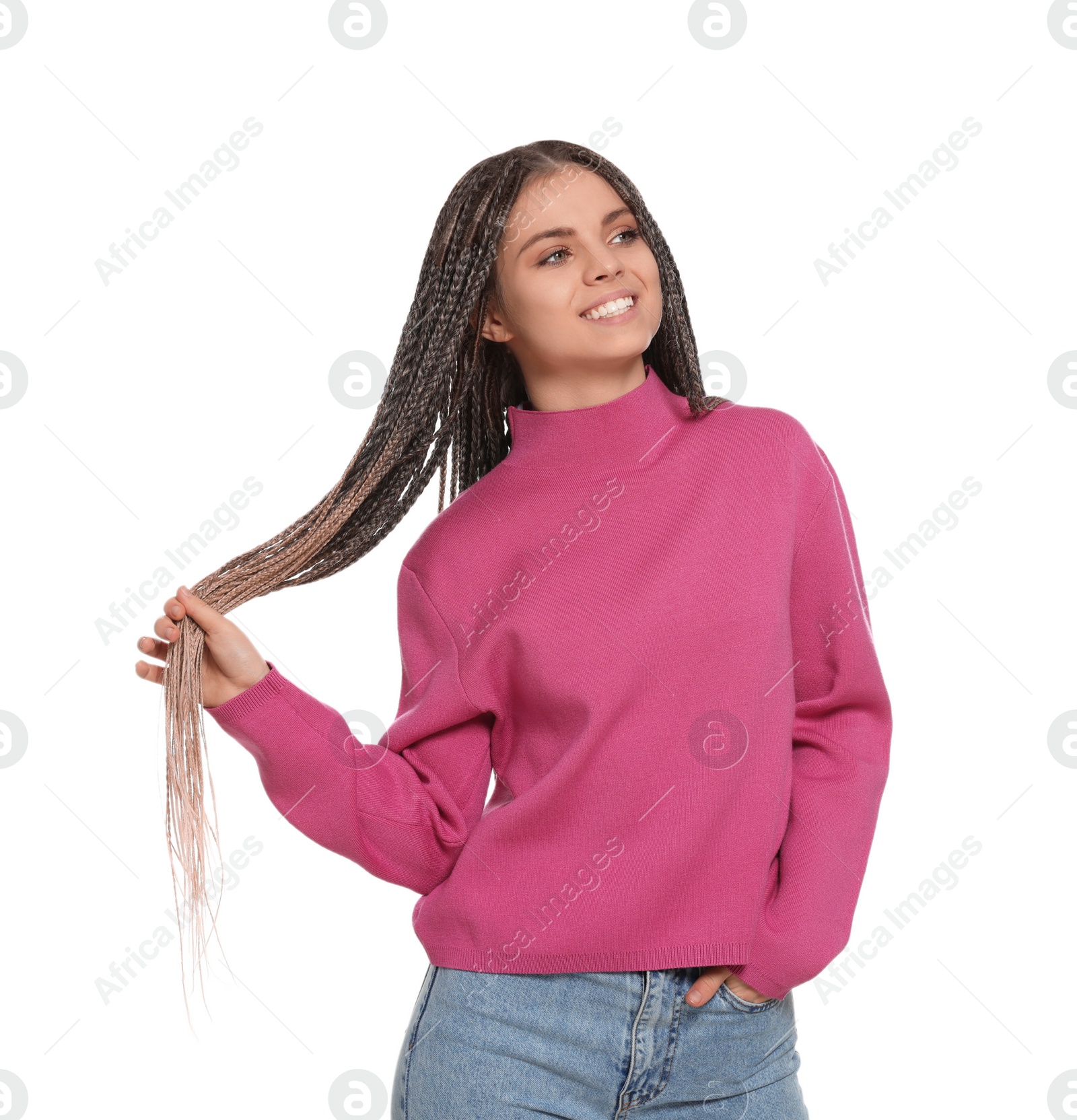 Photo of Beautiful woman with long african braids on white background