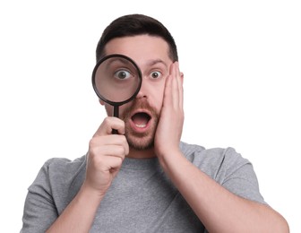 Photo of Surprised man looking through magnifier glass on white background