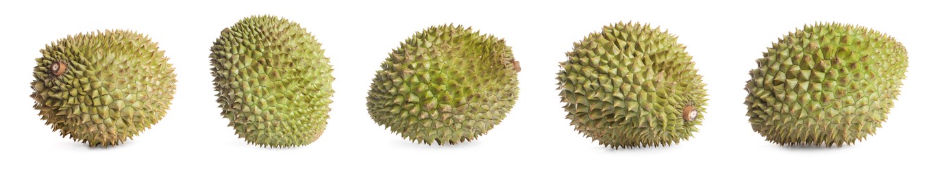 Image of Set with ripe durians on white background. Banner design