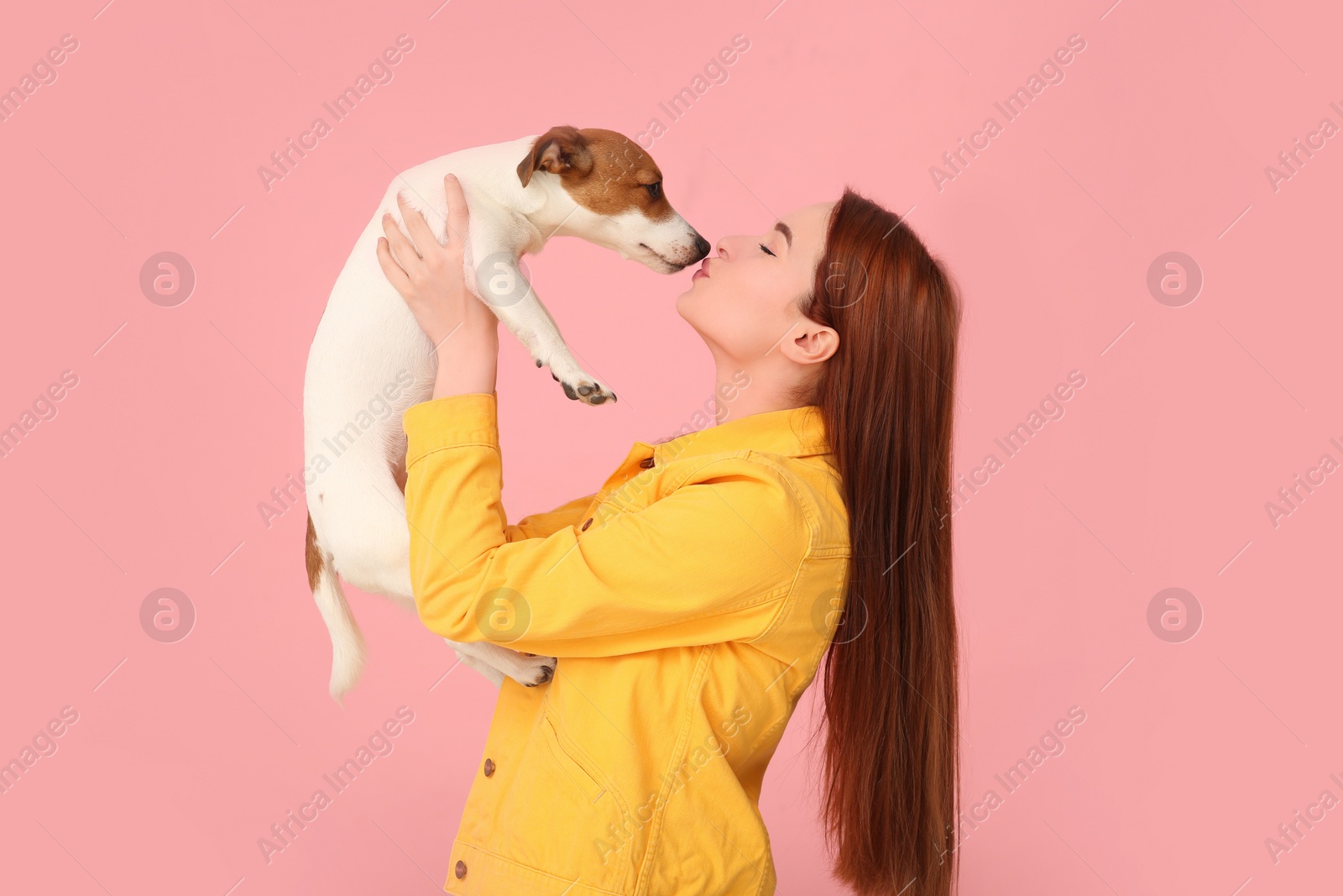 Photo of Woman kissing her cute Jack Russell Terrier dog on pink background