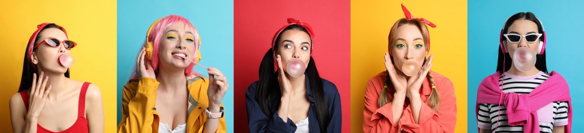 Image of Collage with photos of women with bubblegum on color backgrounds, banner design