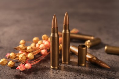 Bullets and beautiful dry plant on grey textured table, closeup