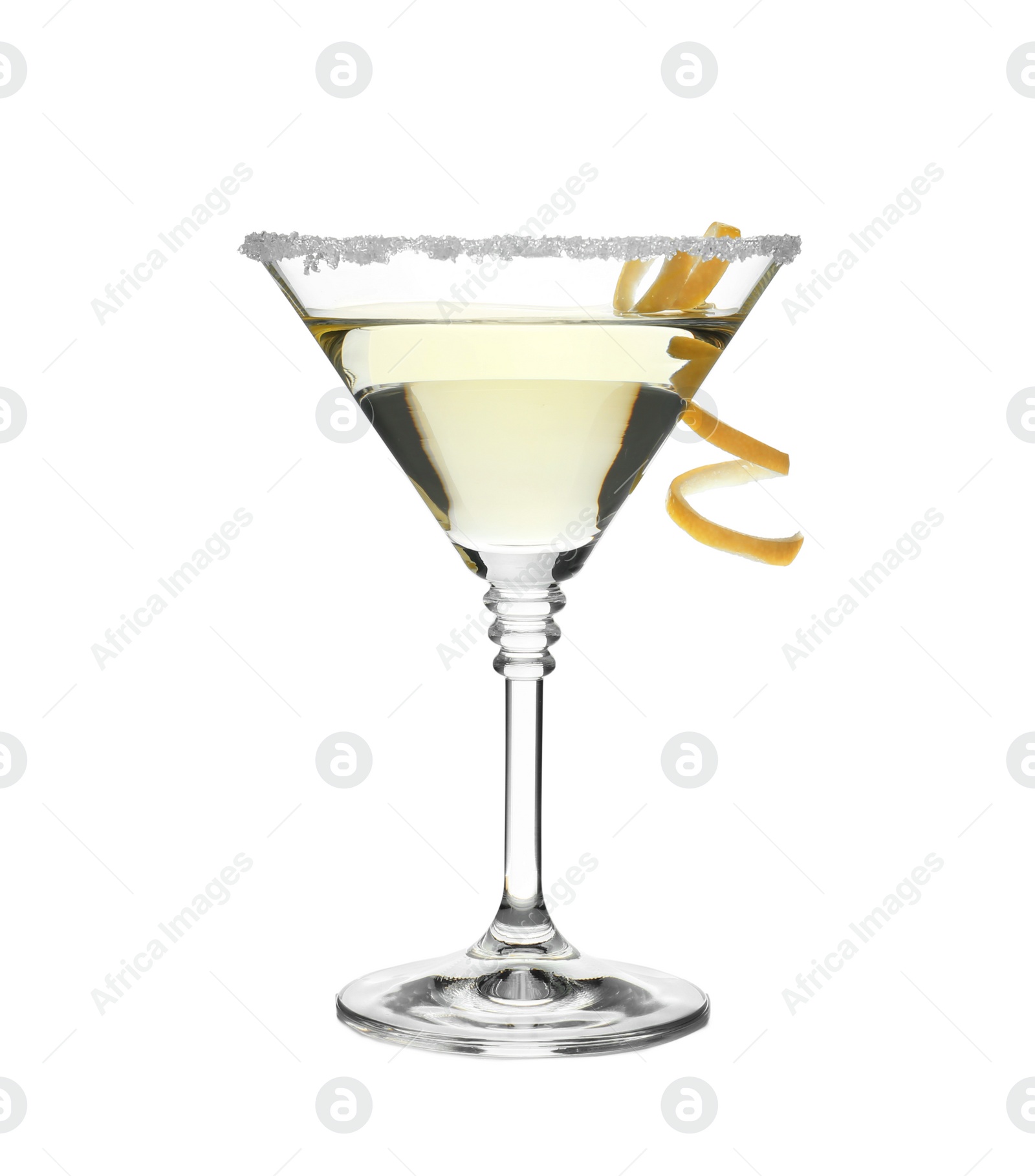 Photo of Glass of classic martini cocktail with lemon zest on white background