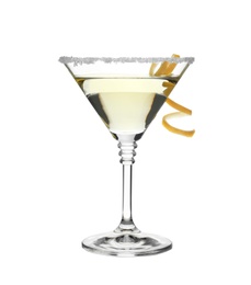 Photo of Glass of classic martini cocktail with lemon zest on white background