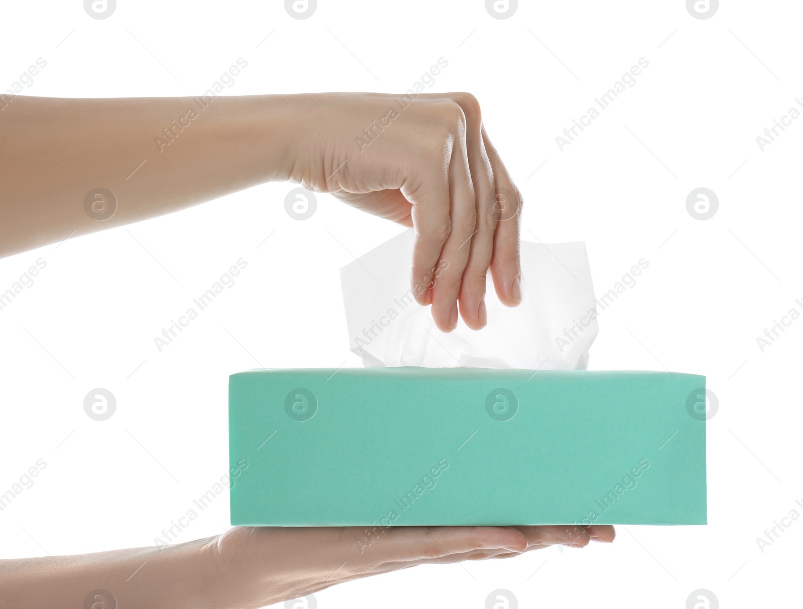 Photo of Woman taking paper tissue from box on white background, closeup