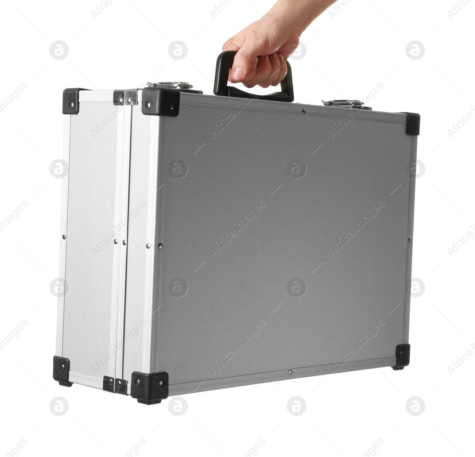 Photo of Man holding hard case isolated on white, closeup