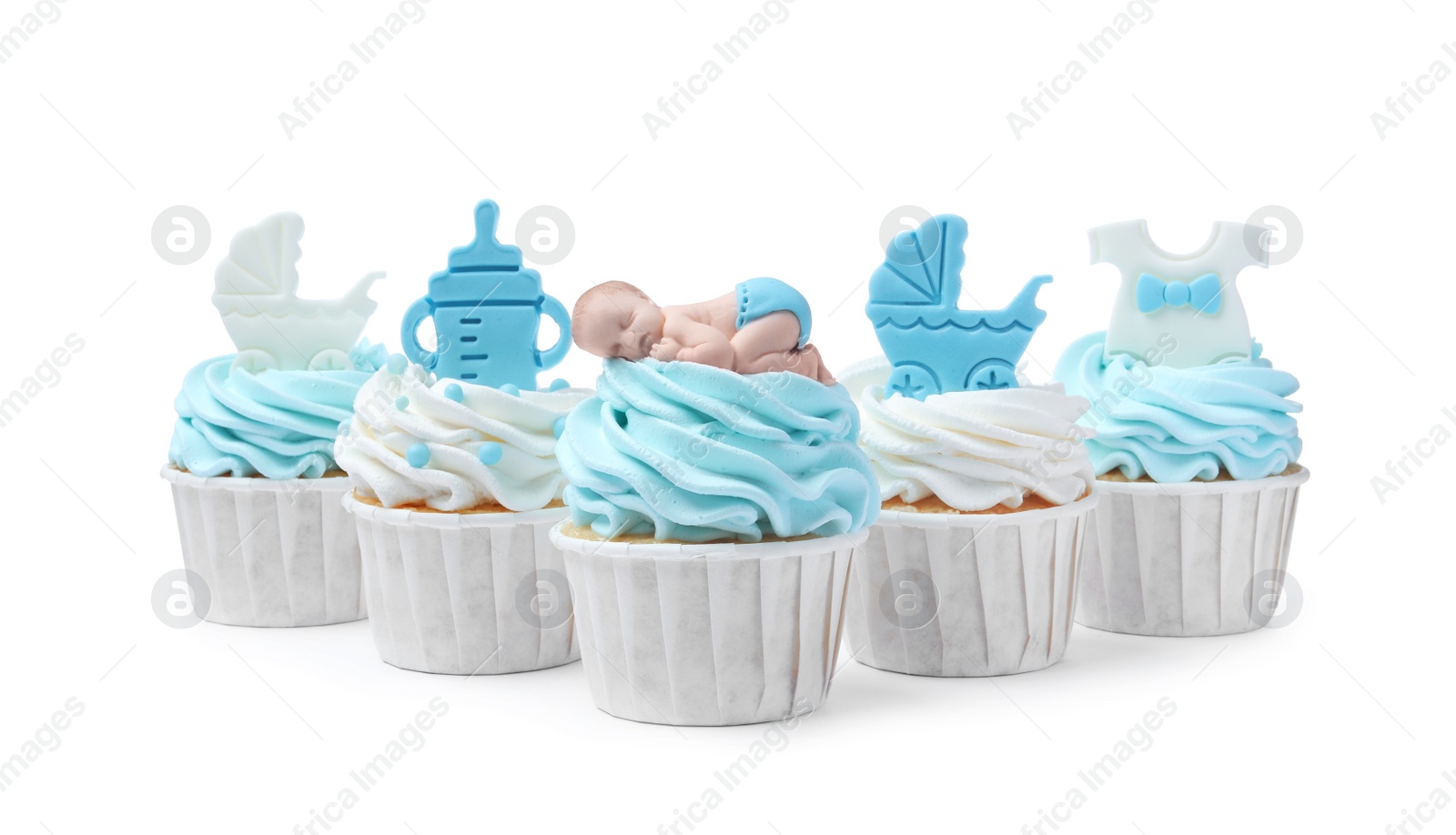 Photo of Beautifully decorated baby shower cupcakes for boy with cream and toppers on white background