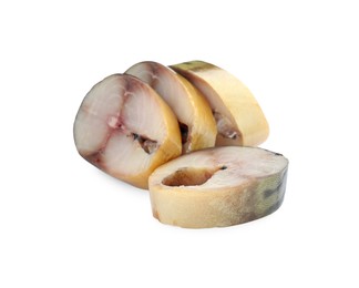 Photo of Slices of tasty smoked mackerel on white background