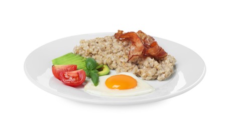 Photo of Delicious boiled oatmeal with fried egg, bacon, avocado and tomato isolated on white